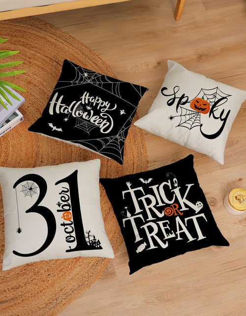 Load image into Gallery viewer, Halloween Pillow Covers 18X18 Set of 4 Trick or Treat Decorative Throw Pillows Cover Black Spider Webs Pillow Cases Home Outdoor Sofa Couch Cushion Covers for Halloween Decor (18 by 18)
