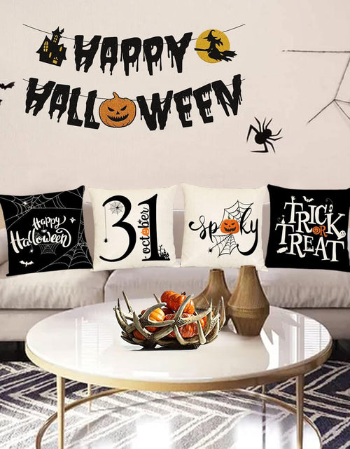 Load image into Gallery viewer, Halloween Pillow Covers 18X18 Set of 4 Trick or Treat Decorative Throw Pillows Cover Black Spider Webs Pillow Cases Home Outdoor Sofa Couch Cushion Covers for Halloween Decor (18 by 18)
