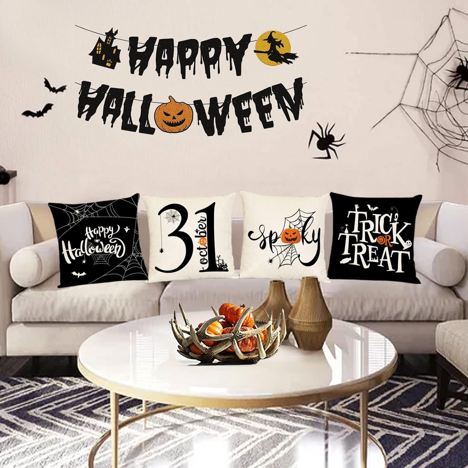 Halloween Pillow Covers 18X18 Set of 4 Trick or Treat Decorative Throw Pillows Cover Black Spider Webs Pillow Cases Home Outdoor Sofa Couch Cushion Covers for Halloween Decor (18 by 18)