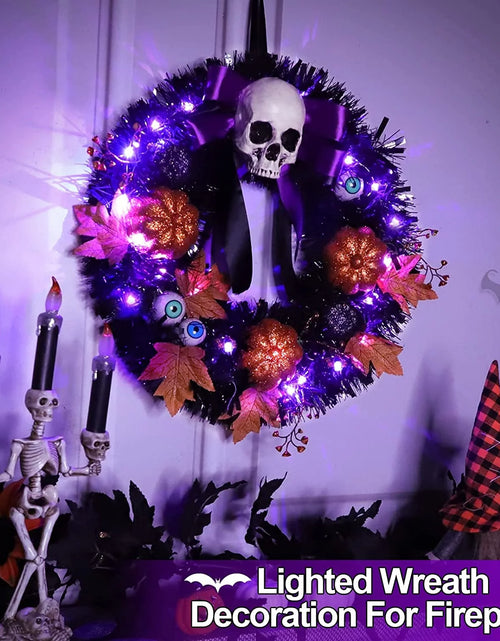 Load image into Gallery viewer, 16 Inch 20 LED Halloween Skull Wreath Decoration, Purple Lights 5 Glitter Pumpkins 3 Eyeballs 3 Berry Stems 6 Maple Leaves Battery Operated for Front Door Halloween Decor Home Indoor Outdoor
