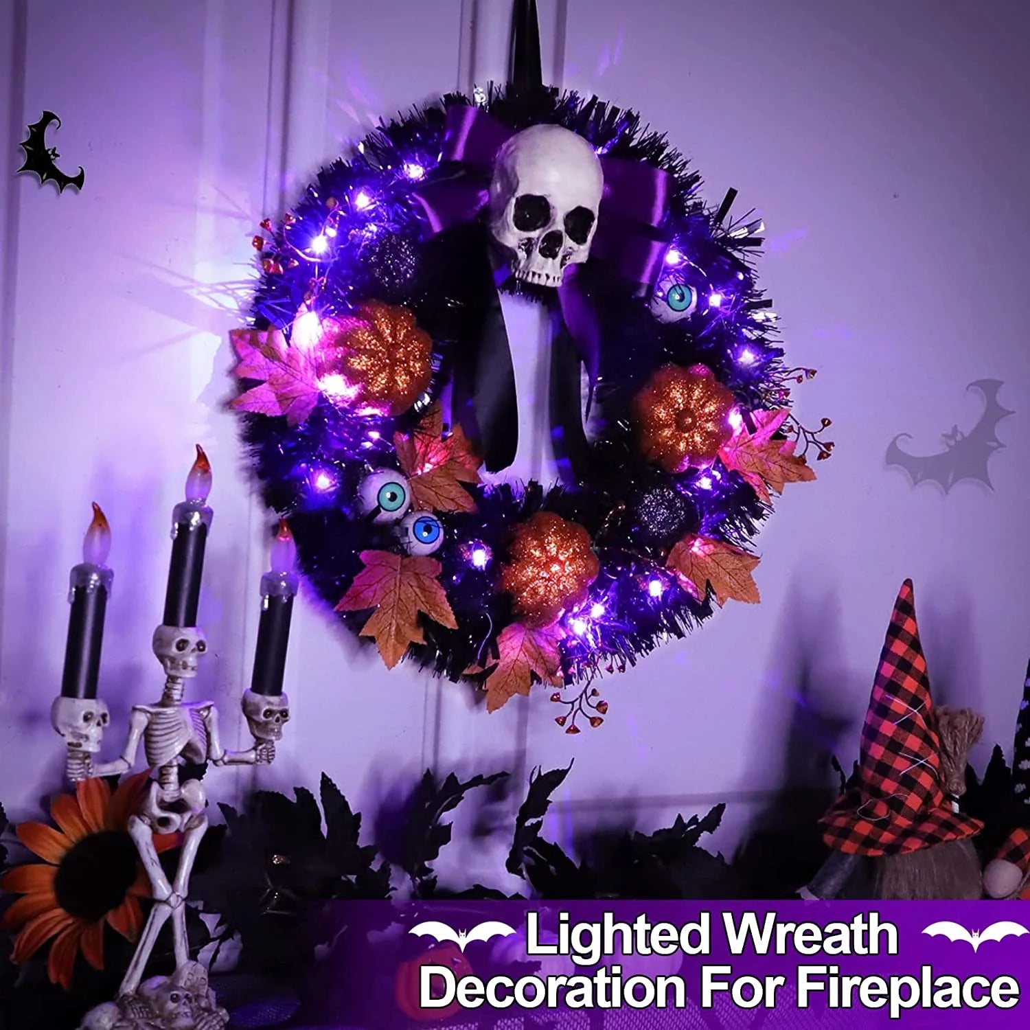 16 Inch 20 LED Halloween Skull Wreath Decoration, Purple Lights 5 Glitter Pumpkins 3 Eyeballs 3 Berry Stems 6 Maple Leaves Battery Operated for Front Door Halloween Decor Home Indoor Outdoor