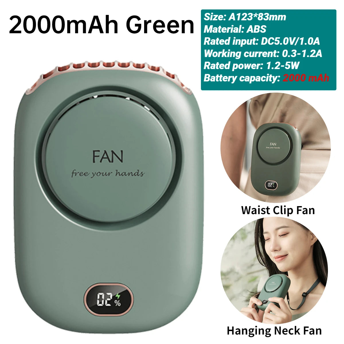 Portable Waist Fan USB Rechargeable Hanging Neck Fan 4000Mah Mini Electric Fans Outdoor Sports Waist Clip on Fan with Power Bank