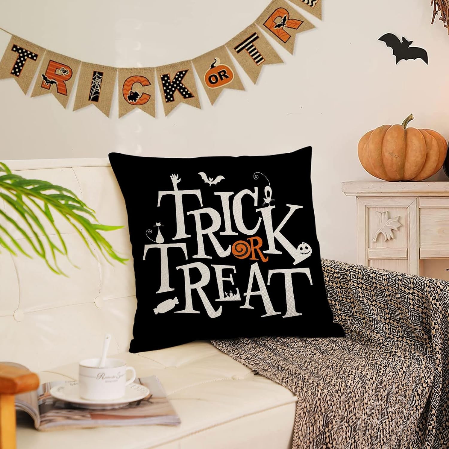 Halloween Pillow Covers 18X18 Set of 4 Trick or Treat Decorative Throw Pillows Cover Black Spider Webs Pillow Cases Home Outdoor Sofa Couch Cushion Covers for Halloween Decor (18 by 18)