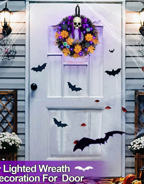 Load image into Gallery viewer, 16 Inch 20 LED Halloween Skull Wreath Decoration, Purple Lights 5 Glitter Pumpkins 3 Eyeballs 3 Berry Stems 6 Maple Leaves Battery Operated for Front Door Halloween Decor Home Indoor Outdoor
