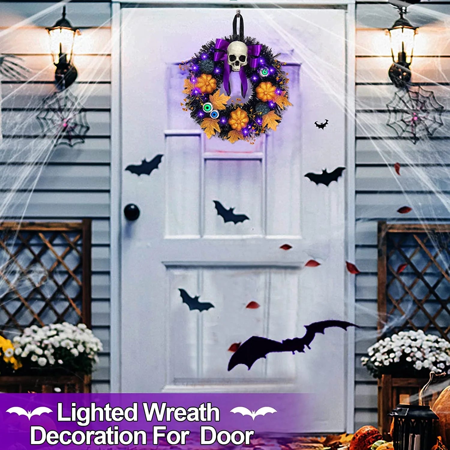 16 Inch 20 LED Halloween Skull Wreath Decoration, Purple Lights 5 Glitter Pumpkins 3 Eyeballs 3 Berry Stems 6 Maple Leaves Battery Operated for Front Door Halloween Decor Home Indoor Outdoor