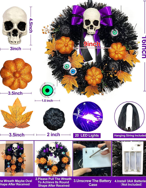 Load image into Gallery viewer, 16 Inch 20 LED Halloween Skull Wreath Decoration, Purple Lights 5 Glitter Pumpkins 3 Eyeballs 3 Berry Stems 6 Maple Leaves Battery Operated for Front Door Halloween Decor Home Indoor Outdoor
