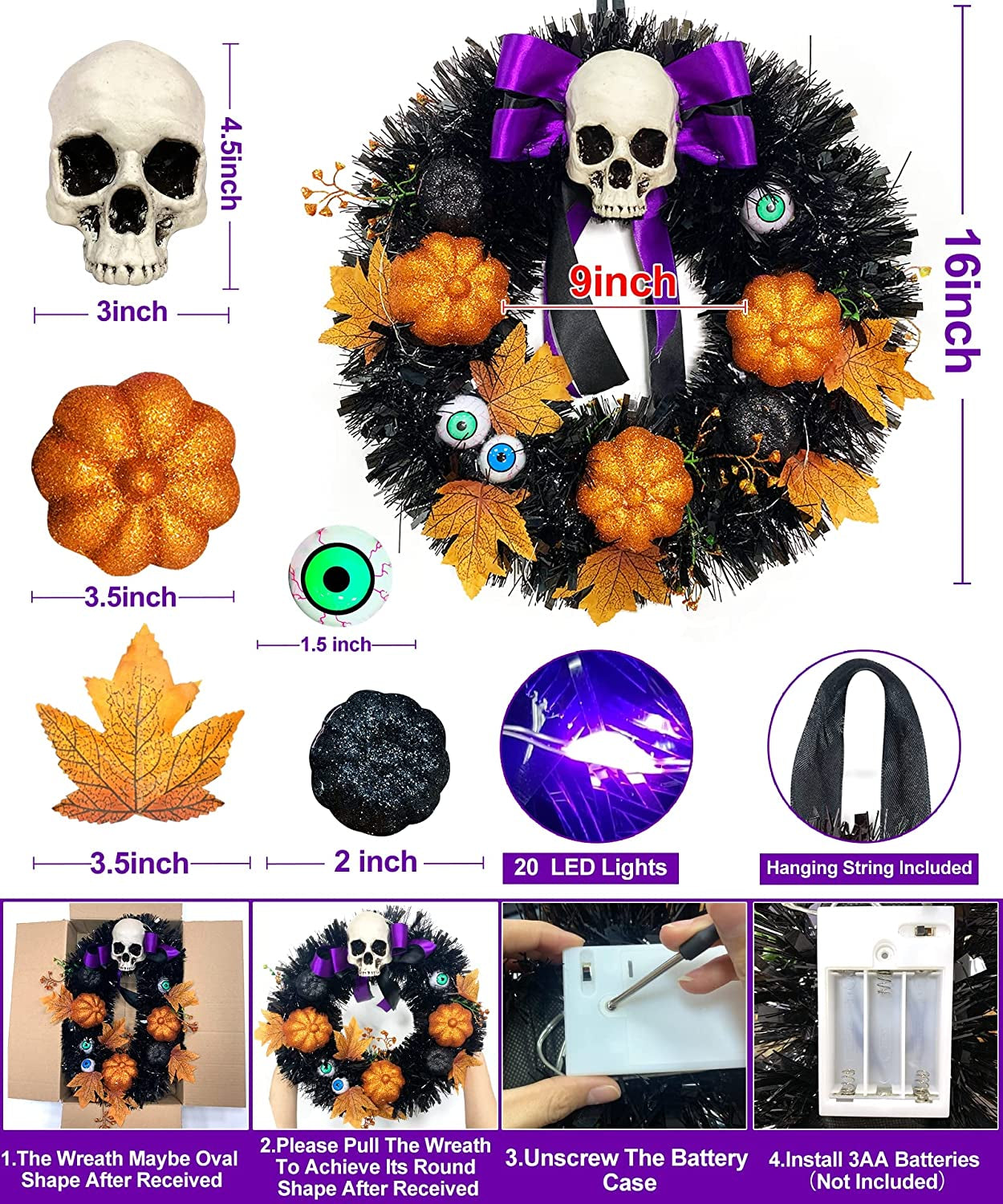 16 Inch 20 LED Halloween Skull Wreath Decoration, Purple Lights 5 Glitter Pumpkins 3 Eyeballs 3 Berry Stems 6 Maple Leaves Battery Operated for Front Door Halloween Decor Home Indoor Outdoor