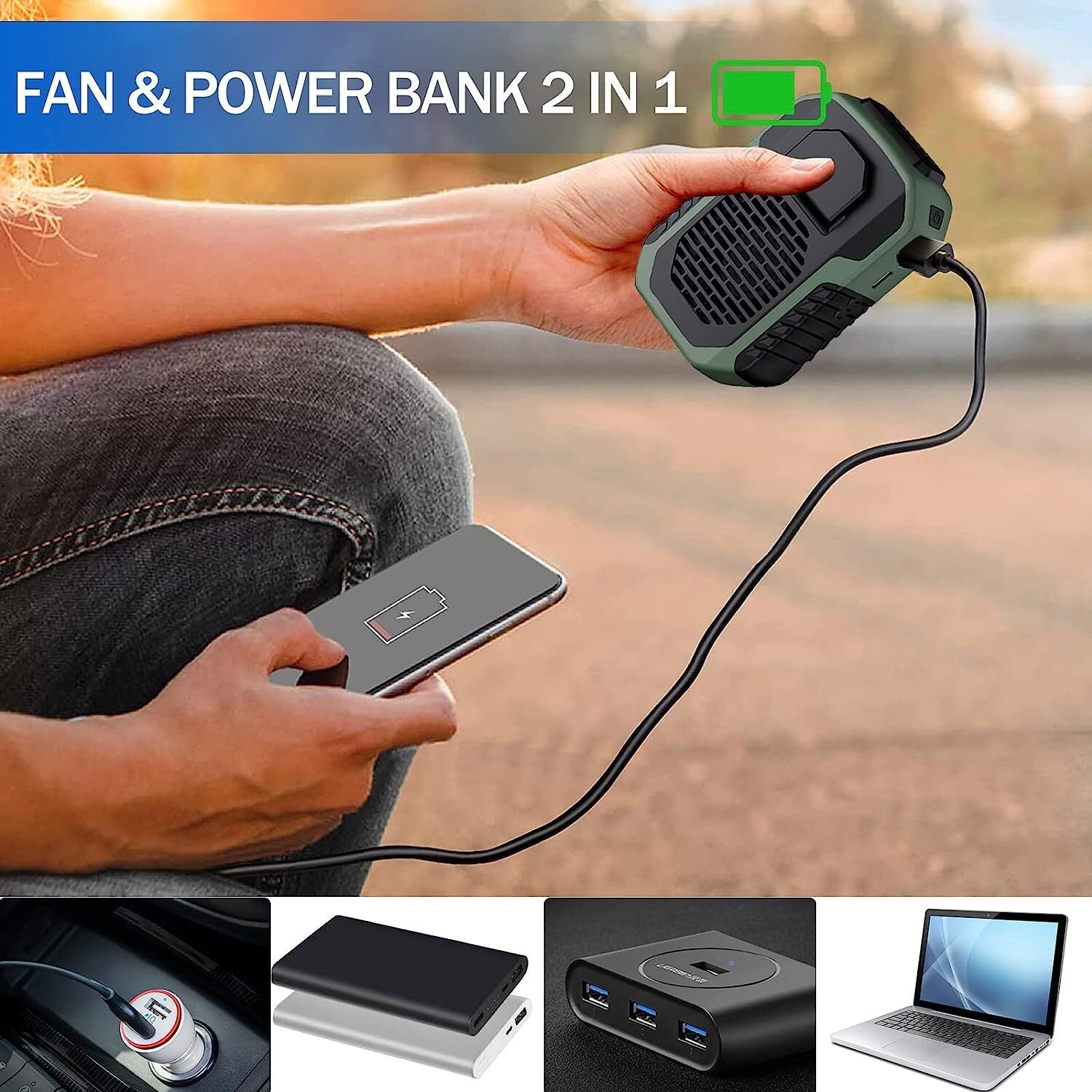 Portable Waist Clip Fan USB Rechargeable Hanging Cooling Neck Fan Power Bank Fan