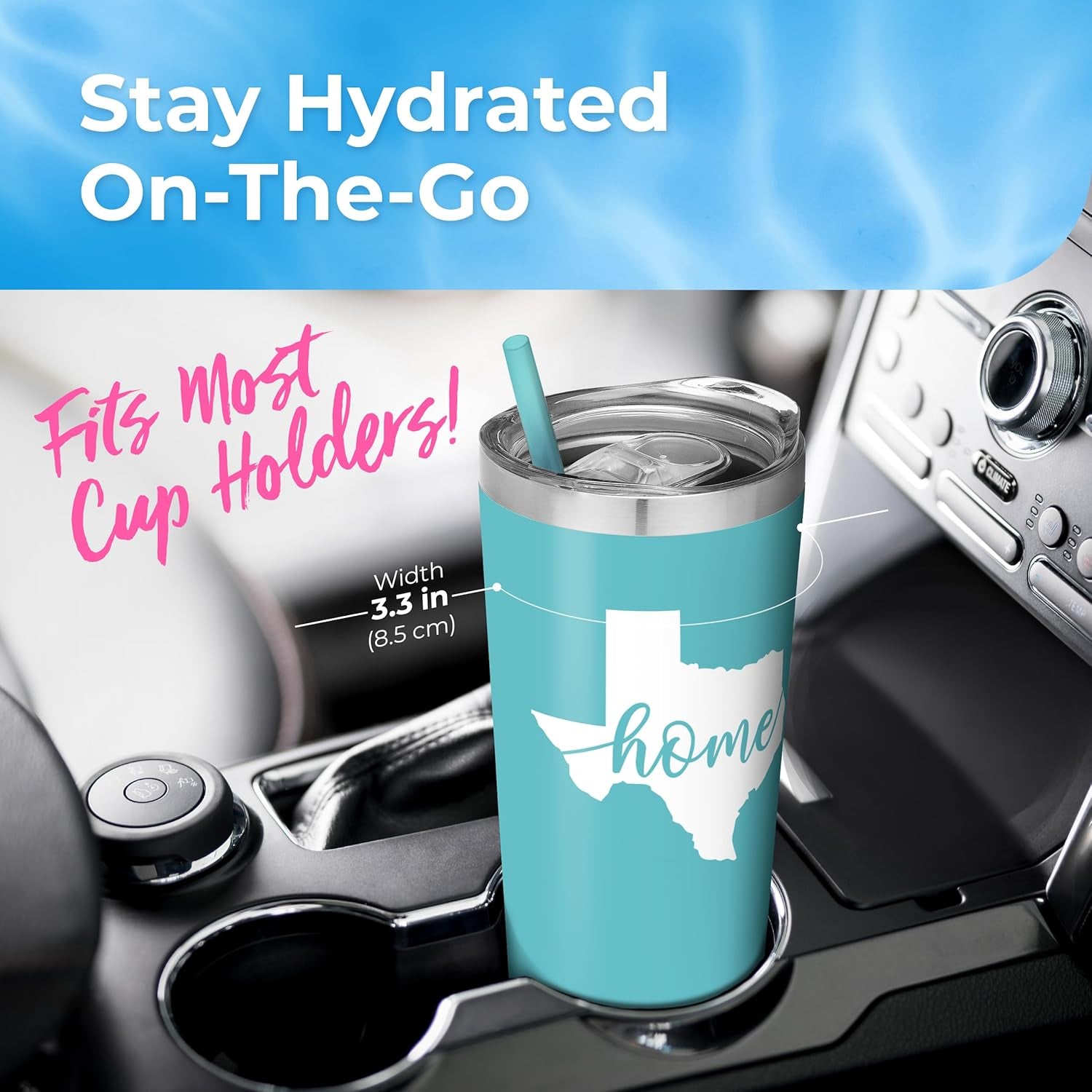 Texas Mug | Vacuum Insulated Stainless Steel Texas Tumbler Cup | Texas Theme Graduation | Moving Away Travel Mug for Texans | Texas Coffee Cup | Texas Home Decor (22 Ounce, Aqua Blue)