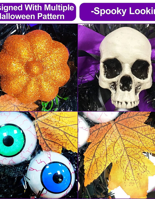 Load image into Gallery viewer, 16 Inch 20 LED Halloween Skull Wreath Decoration, Purple Lights 5 Glitter Pumpkins 3 Eyeballs 3 Berry Stems 6 Maple Leaves Battery Operated for Front Door Halloween Decor Home Indoor Outdoor
