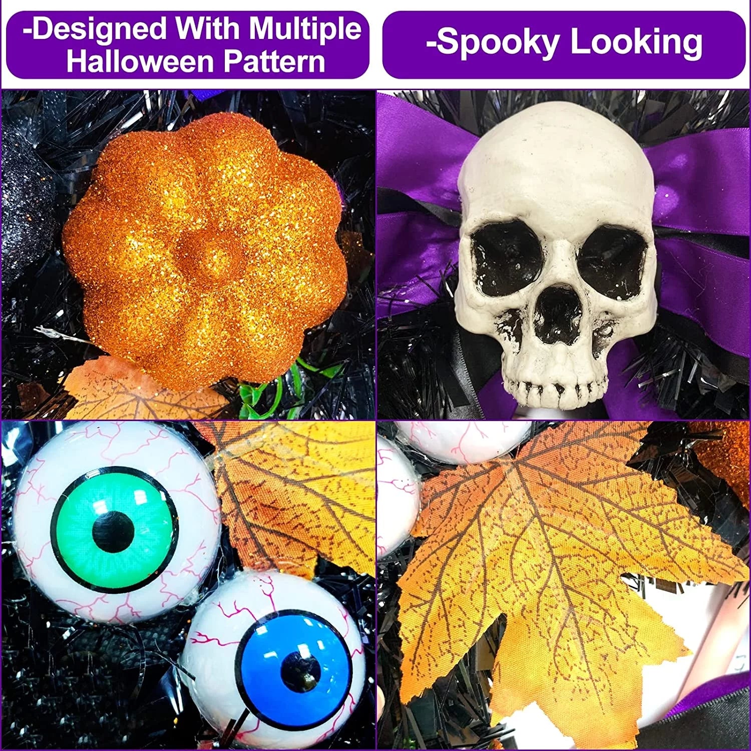 16 Inch 20 LED Halloween Skull Wreath Decoration, Purple Lights 5 Glitter Pumpkins 3 Eyeballs 3 Berry Stems 6 Maple Leaves Battery Operated for Front Door Halloween Decor Home Indoor Outdoor