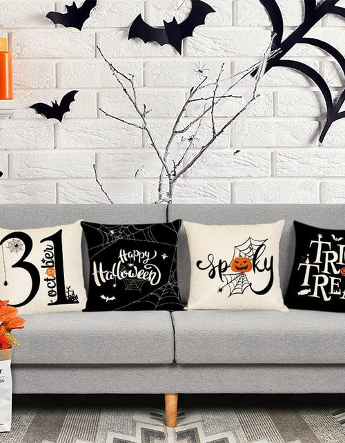 Load image into Gallery viewer, Halloween Pillow Covers 18X18 Set of 4 Trick or Treat Decorative Throw Pillows Cover Black Spider Webs Pillow Cases Home Outdoor Sofa Couch Cushion Covers for Halloween Decor (18 by 18)
