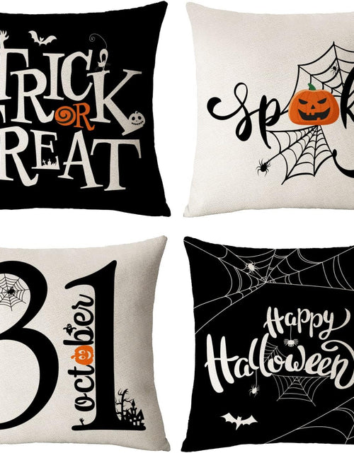 Load image into Gallery viewer, Halloween Pillow Covers 18X18 Set of 4 Trick or Treat Decorative Throw Pillows Cover Black Spider Webs Pillow Cases Home Outdoor Sofa Couch Cushion Covers for Halloween Decor (18 by 18)
