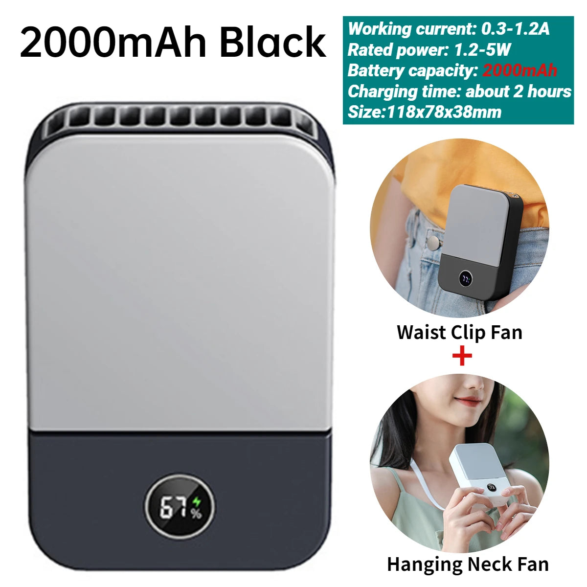 Portable Waist Fan USB Rechargeable Hanging Neck Fan 4000Mah Mini Electric Fans Outdoor Sports Waist Clip on Fan with Power Bank