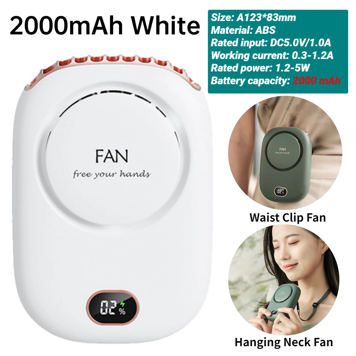 Portable Waist Fan USB Rechargeable Hanging Neck Fan 4000Mah Mini Electric Fans Outdoor Sports Waist Clip on Fan with Power Bank