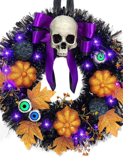 Load image into Gallery viewer, 16 Inch 20 LED Halloween Skull Wreath Decoration, Purple Lights 5 Glitter Pumpkins 3 Eyeballs 3 Berry Stems 6 Maple Leaves Battery Operated for Front Door Halloween Decor Home Indoor Outdoor
