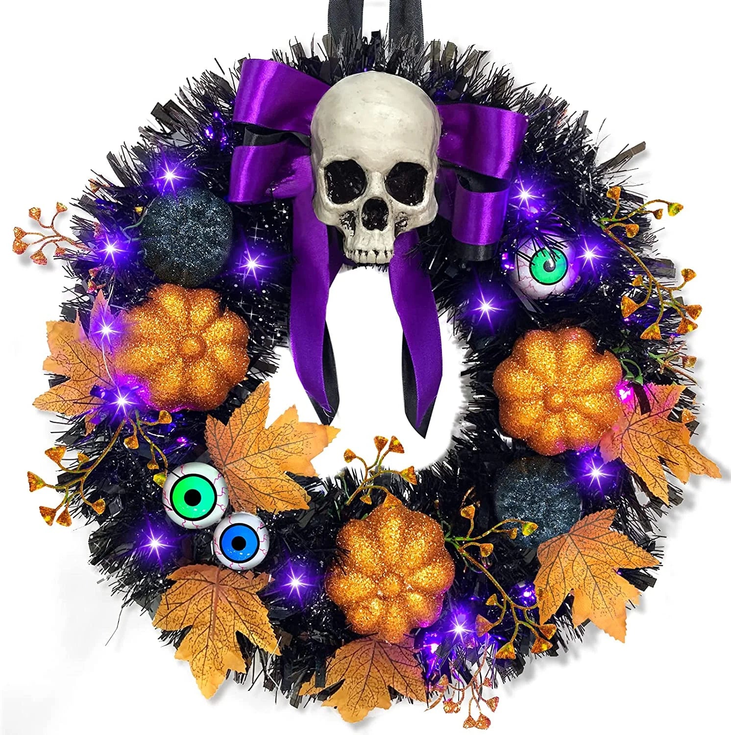 16 Inch 20 LED Halloween Skull Wreath Decoration, Purple Lights 5 Glitter Pumpkins 3 Eyeballs 3 Berry Stems 6 Maple Leaves Battery Operated for Front Door Halloween Decor Home Indoor Outdoor