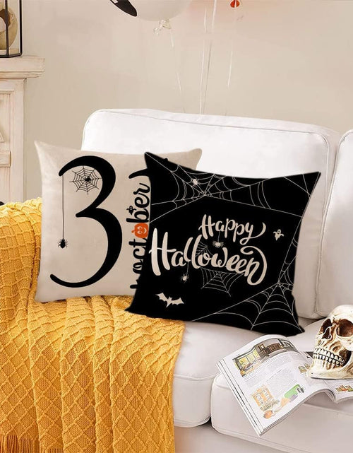 Load image into Gallery viewer, Halloween Pillow Covers 18X18 Set of 4 Trick or Treat Decorative Throw Pillows Cover Black Spider Webs Pillow Cases Home Outdoor Sofa Couch Cushion Covers for Halloween Decor (18 by 18)
