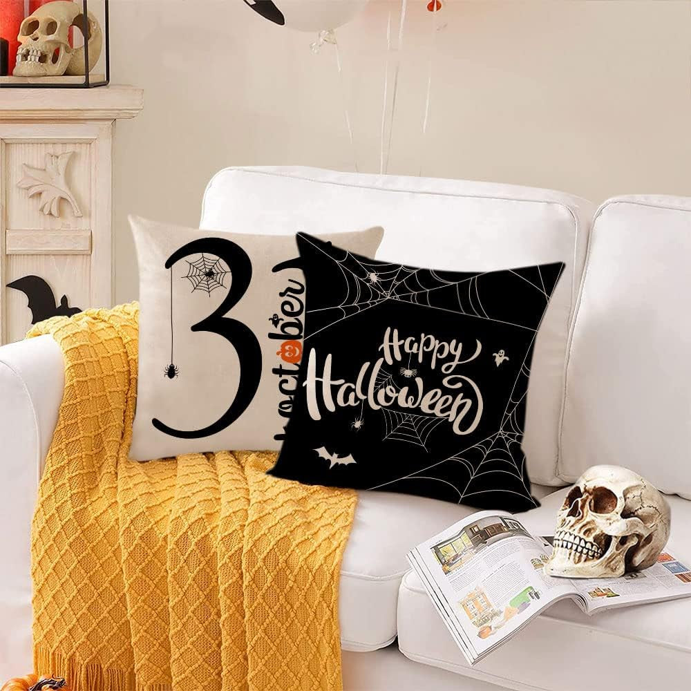 Halloween Pillow Covers 18X18 Set of 4 Trick or Treat Decorative Throw Pillows Cover Black Spider Webs Pillow Cases Home Outdoor Sofa Couch Cushion Covers for Halloween Decor (18 by 18)