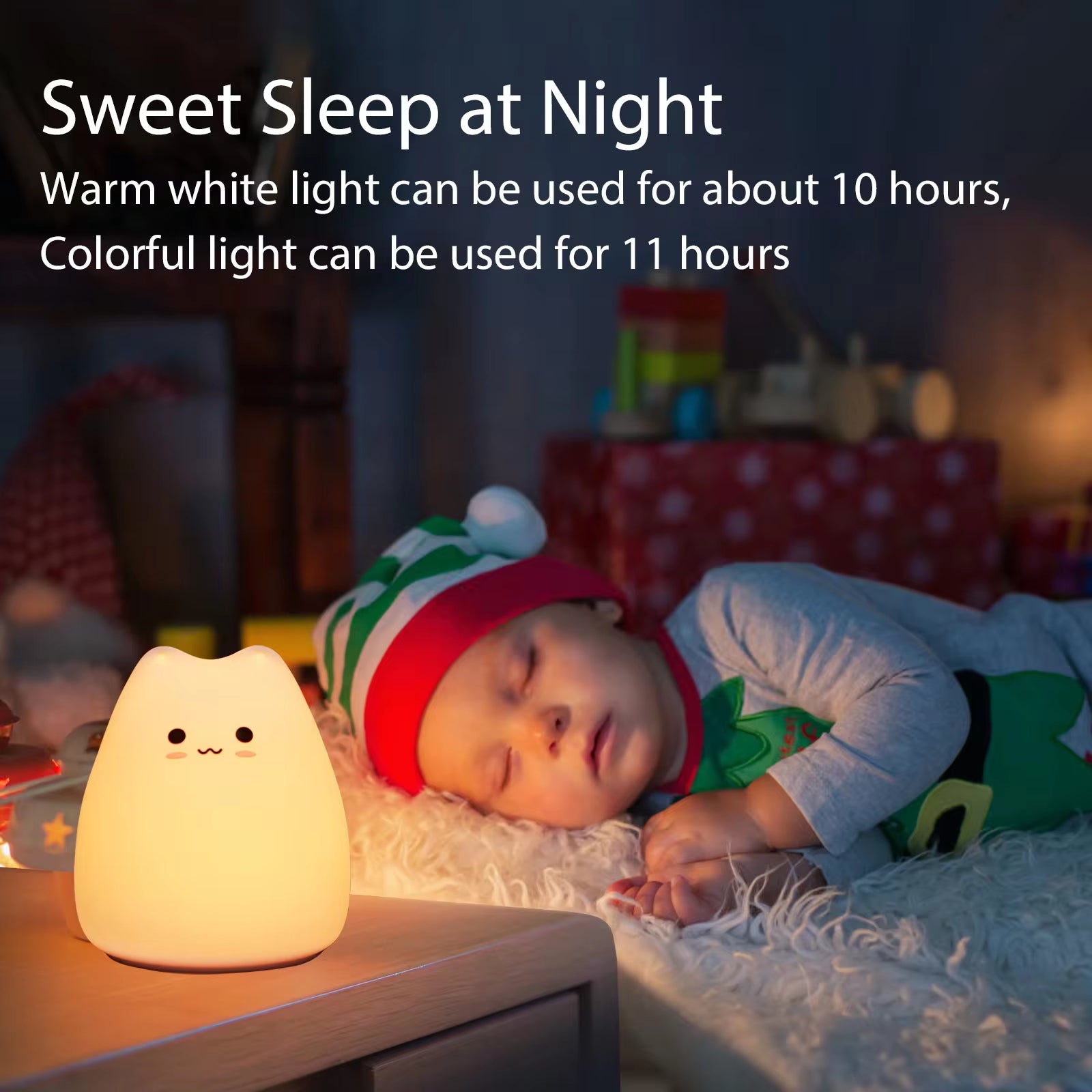 Mini Kawaii Popular Cat Baby Night Lamp 7-Color Pat Touch Color-Changing Eye Protection Bedroom Bedside Nightlight Gift Children